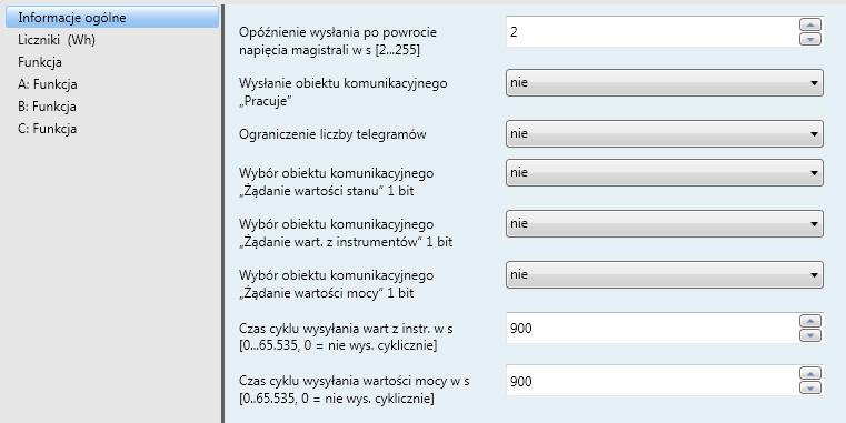 3.2.1 Okno parametrów Informacje ogólne W tym oknie parametrów Informacje ogólne można ustawiać nadrzędne parametry. Opóźnienie wysłania po powrocie napięcia magistrali w s [2.