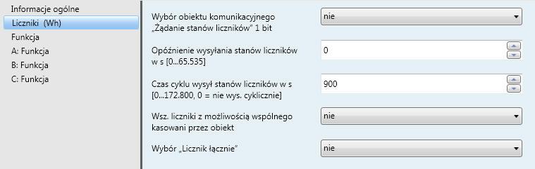 3.2.2 Okno parametrów Liczniki (Wh) W oknie parametrów Liczniki (Wh) wprowadza się ustawienia nadrzędne dotyczące wszystkich liczników, można również aktywować opcję Licznik łącznie z odpowiednim