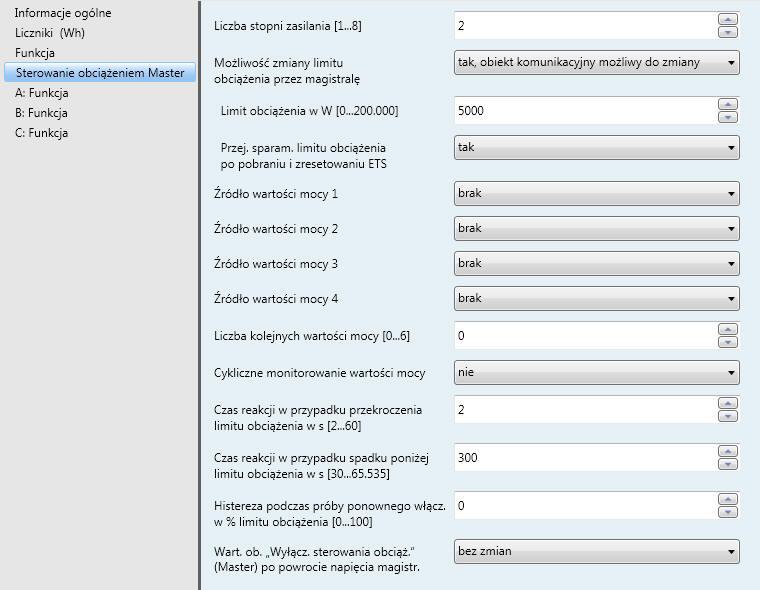 3.2.3.4 Okno parametrów Sterowanie obciążeniem Master W oknie parametrów Sterowanie obciążeniem Master można wprowadzać ustawienia dla sterowania obciążeniem, jeżeli moduł pomiarów elektrycznych jest