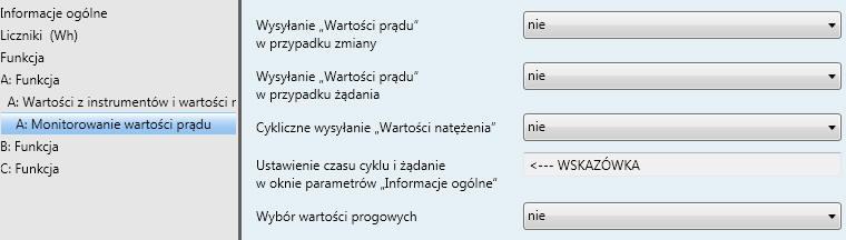 3.2.4.2.2 Okno parametrów A: Monitorowanie wartości prądu W oknie parametrów A: Monitorowanie wartości prądu można aktywować parametry i obiekty komunikacyjne rejestracji i monitorowania wartości