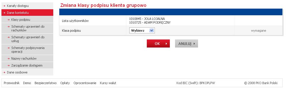 Klasę podpisu dla wybranych Użytkowników należy wybrać z listy rozwijanej.