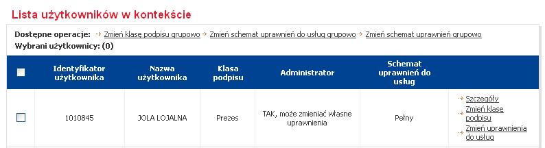 Schemat uprawnień do usług dla wybranych Użytkowników należy wybrać z rozwijanej listy. Przypisanie Schemat uprawnień do usług dla Użytkowników jest czynnością wymagającą podpisu.