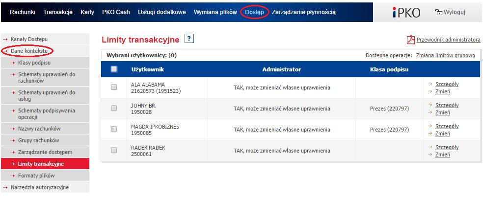 Limity transakcyjne Limity określają maksymalną kwotę, na jaką, poszczególni użytkownicy mogą autoryzować przelewy w określonym terminie.