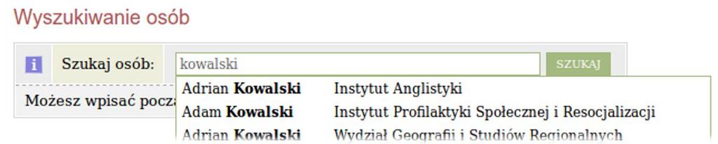 2.5 Wyszukiwanie osób cji: tytuł, autor, opiekun pracy, streszczenie, słowa kluczowe itp.