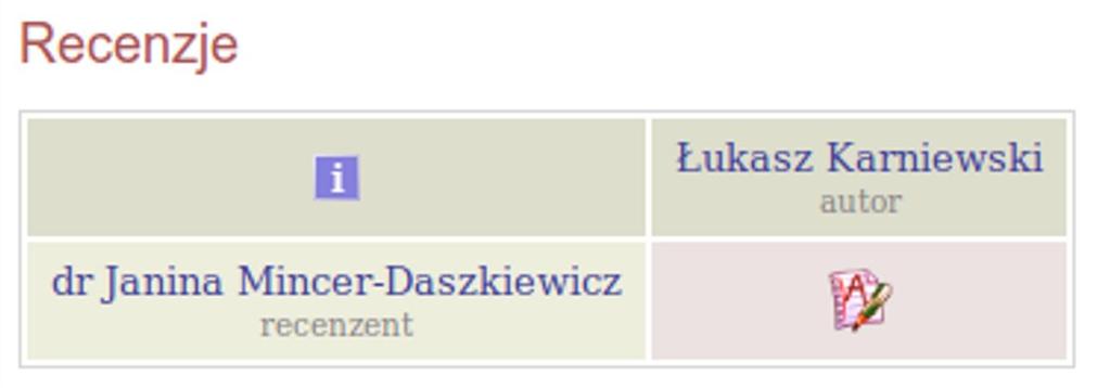 3.2 Przebieg procesu archiwizacji Rysunek 3.16: Informacja o zadaniu wpisz recenzję na stronie domowej recenzenta Na stronie pracy należy kliknąć w czerwoną ikonę recenzji (rys. 3.17).