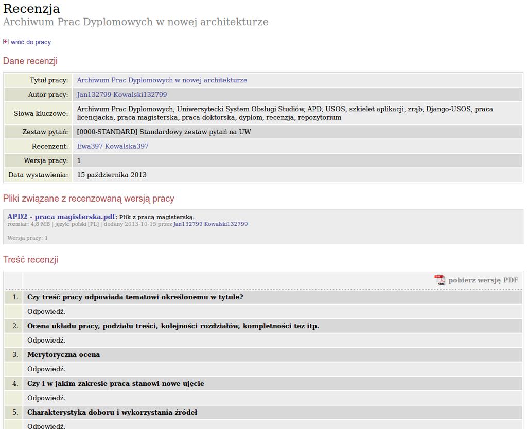 Opiekun pracy może wymusić ostateczne zatwierdzenie pracy przed wystawieniem wszystkich recenzji klikając w przycisk PRACA GOTOWA DO OBRONY - ZAKOŃCZ PROCES OBSŁUGI na głównej stronie pracy.