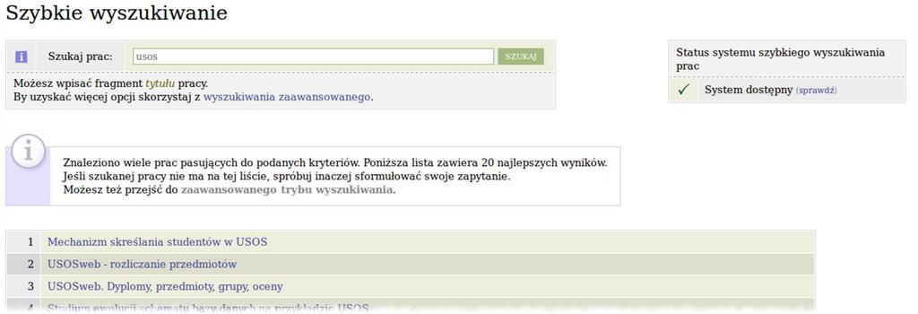 Przy wpisywaniu tytułu w pole tekstowe na bieżąco pojawiają się podpowiedzi w postaci pełnych tytułów prac.