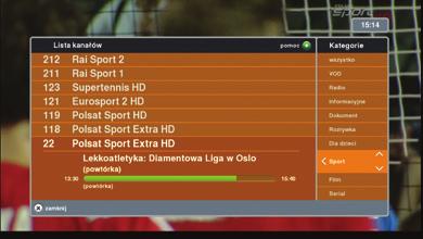 Lista kanałów Dekoder HD 5500s w czytelny sposób prezentuje listę dostępnych kanałów telewizyjnych wraz z informacją o aktualnie nadawanej audycji.