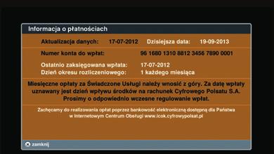 Przycisk powoduje wyjście z menu usługi bezpośrednio do ostatnio oglądanego kanału telewizyjnego lub menu dekodera (w zależności od miejsca, skąd nastąpiło uaktywnienie usługi ipla).