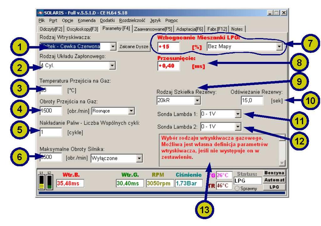 Rys. 7 Opis Parametrów - Parametry wpisywane ręcznie zapisywane są do sterownika po wyjściu z parametru lub po naciśnięciu klawisza [Enter]. - Parametry wybierane myszką (np.