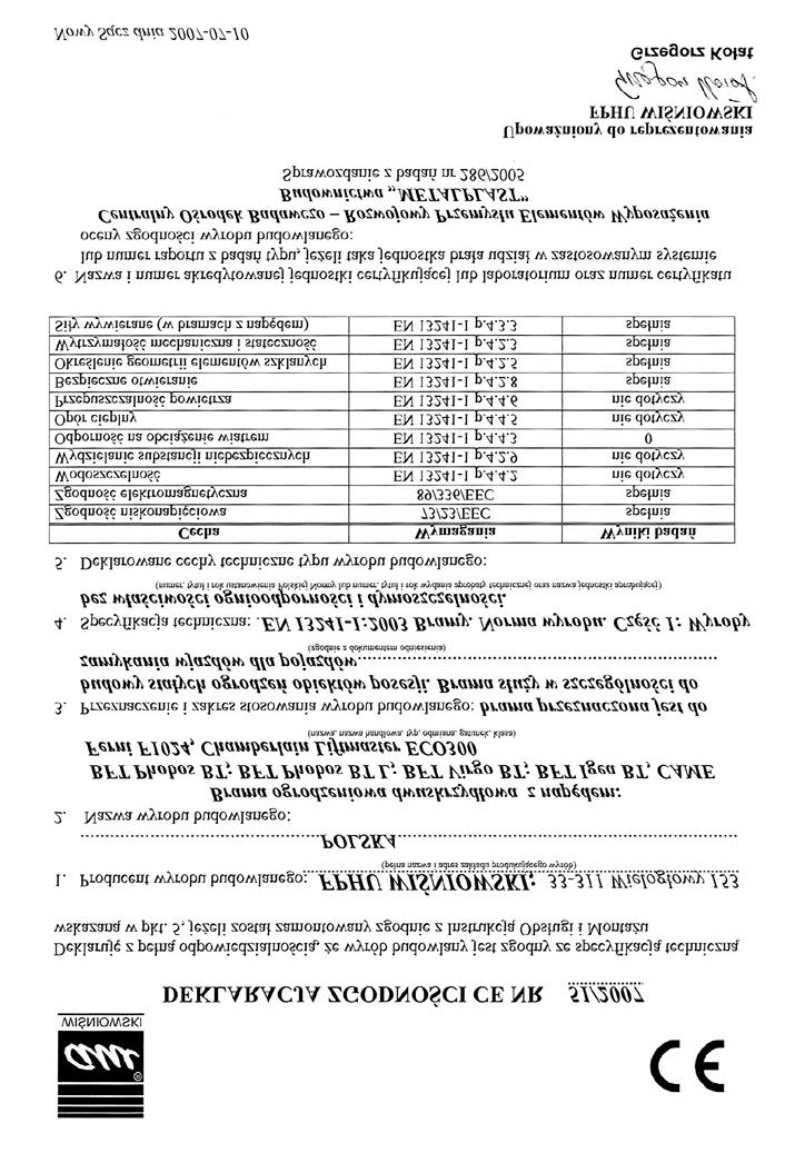 ręcznie Deklaracja Zgodności 50/2006 Brama ogrodzeniowa dwuskrzydłowa uruchamiana ręcznie Deklaracja Zgodności 51/2007 Brama ogrodzeniowa