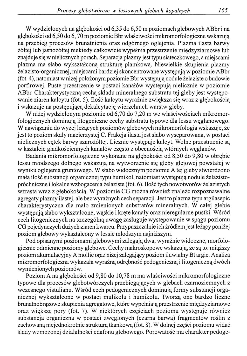 Procesy glebotwórcze w lessowych glebach kopalnych 165 W wydzielonych na głębokości od 6,35 do 6,50 m poziomach glebowych ABbr i na głębokości od 6,50 do 6,70 m poziomie Bbr właściwości