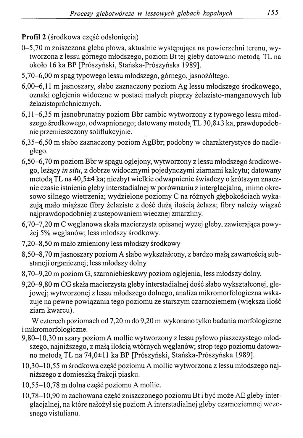 Procesy glebotwórcze w lessowych glebach kopalnych 155 Profil 2 (środkowa część odsłonięcia) 0-5,70 m zniszczona gleba płowa, aktualnie występująca na powierzchni terenu, wytworzona z lessu górnego