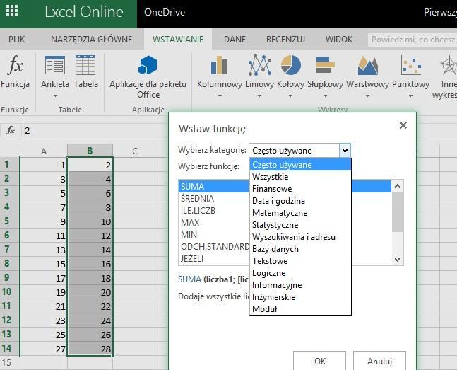 W Excel Web App na wstążce WSTAWIANIE wciśnięcie przycisku Funkcja (rysunek 1) otwiera okno Wstaw funkcję.
