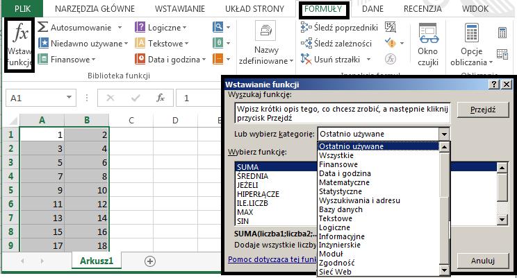 Rysunek 2. Okienko Wstawianie funkcji w Microsoft Excel 2013 W Excel Web App funkcja jest wstawiana bezpośrednio do komórki z dymkiem opisującym oczekiwane argumenty, które należy wpisać do formuły.