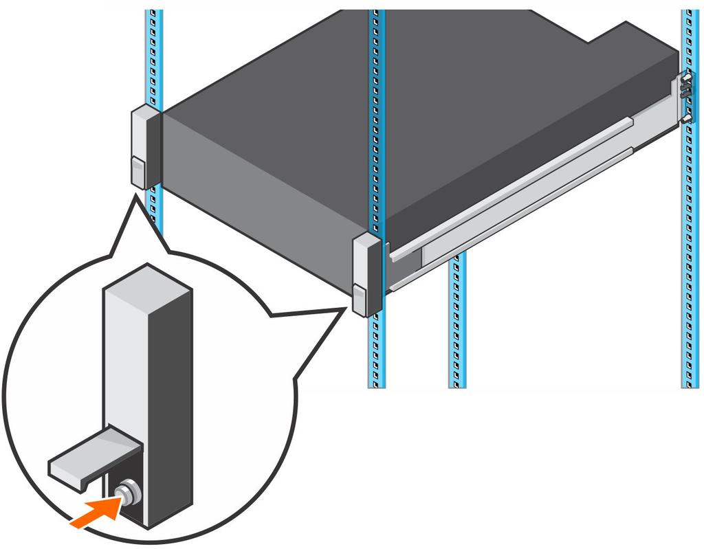 Rysunek 4. Wkręcanie śrub Jeśli system Storage Center zawiera obudowy rozszerzeń, zamontuj obudowy rozszerzeń w stelażu.
