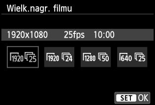 3 Ustawianie wielkości nagrywanego filmu Pozycja menu [Z2: Wielk.nagr. filmu] umożliwia wybranie dla filmu rozdzielczości [****x****] oraz szybkości nagrywania [9] (liczba klatek nagrywanych w ciągu sekundy).