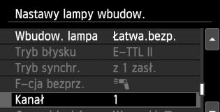 232 Zalecany jest wybór dla ustawienia [Pomiar E-TTL II] wartości [Wielosegm.]. Mimo że wbudowana lampa błyskowa jest wyłączona w przypadku wybrania opcji [Łatwa.bezp.