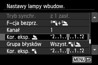 Inne ustawienia Korekta ekspozycji lampy Gdy opcja [Tryb błysku] jest ustawiona jako [E-TTL II], można ustawić korektę ekspozycji lampy.