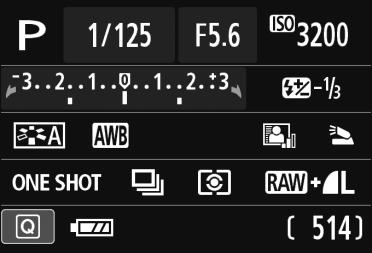 Skrócony przewodnik Ustawienia fotografowania Czas naświetlania Tryb fotografowania Wskaźnik poziomu ekspozycji Balans bieli Styl obrazów Działanie AF Ikona ekranu szybkich nastaw Stan akumulatora