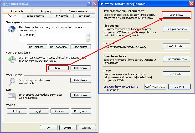 5. Ustawienia dla Internet Explorer b) Na tej samej zakładce Opcji internetowych (sekcja Historia przeglądania) uruchamiamy przycisk Usuń i