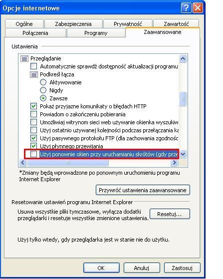 5. Ustawienia dla Internet Explorer d) Będąc w Opcjach internetowych przechodzimy do zakładki Zaawansowane W