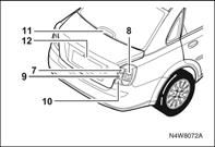 PARAMETRY ŻARÓWEK (SEDAN) Żarówki Moc x liczba Uwagi 1 Światła mijania Żarówki 55 W x 2 halogenowe 2 Światła drogowe Żarówki 55 W x 2 halogenowe Przód 3 Światła pozycyjne 5 W x 2 4 Kontrolka 21 W x 2