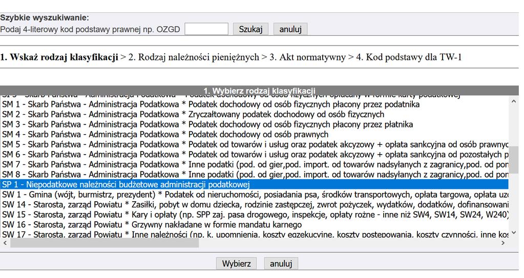 KROK 2 Następnie należy wyszukać właściwy rodzaj należności,