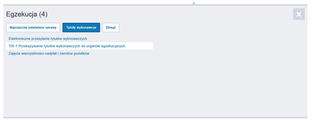W bloku [Egzekucja wybieramy zakładkę [TW-1 Przekazywanie tytułów wykonawczych do organów