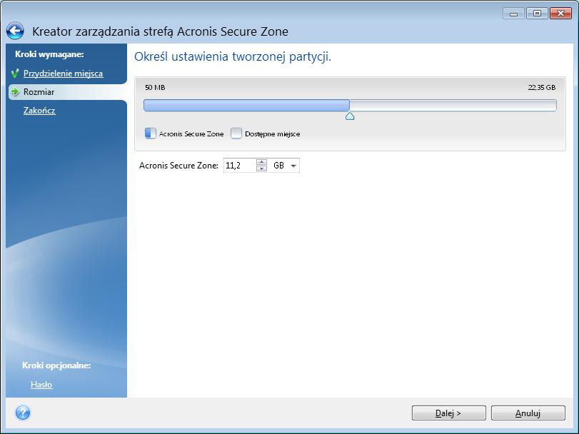 11.4.3 Rozmiar strefy Acronis Secure Zone Aby określić rozmiar strefy Acronis Secure Zone: Przeciągnij suwak do odpowiedniego położenia lub wprowadź dokładną wartość.