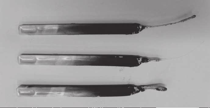 PET samples (a) and composites PET/PPS/0, 05BT (b), PET/PPS/0, 5BT (c) PET/PPS/1, 0BT (d), after the flammability test method B.