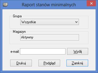 j 12.4. RAPORT STANÓW MINIMALNYCH Raport stanów minimalnych umożliwia wydruk listy towarów, których stan magazynowy jest niższy niż określony dla nich stan minimalny.