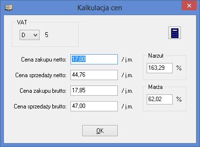 j Rys. 16. Okno kalkulacji cen. W oknie tym, z listy wyboru (w lewym górnym rogu) wybieramy stawkę VAT poszczególne litery odpowiadają różnym stawkom VAT (zdefiniowanym w module konfiguracyjnym).