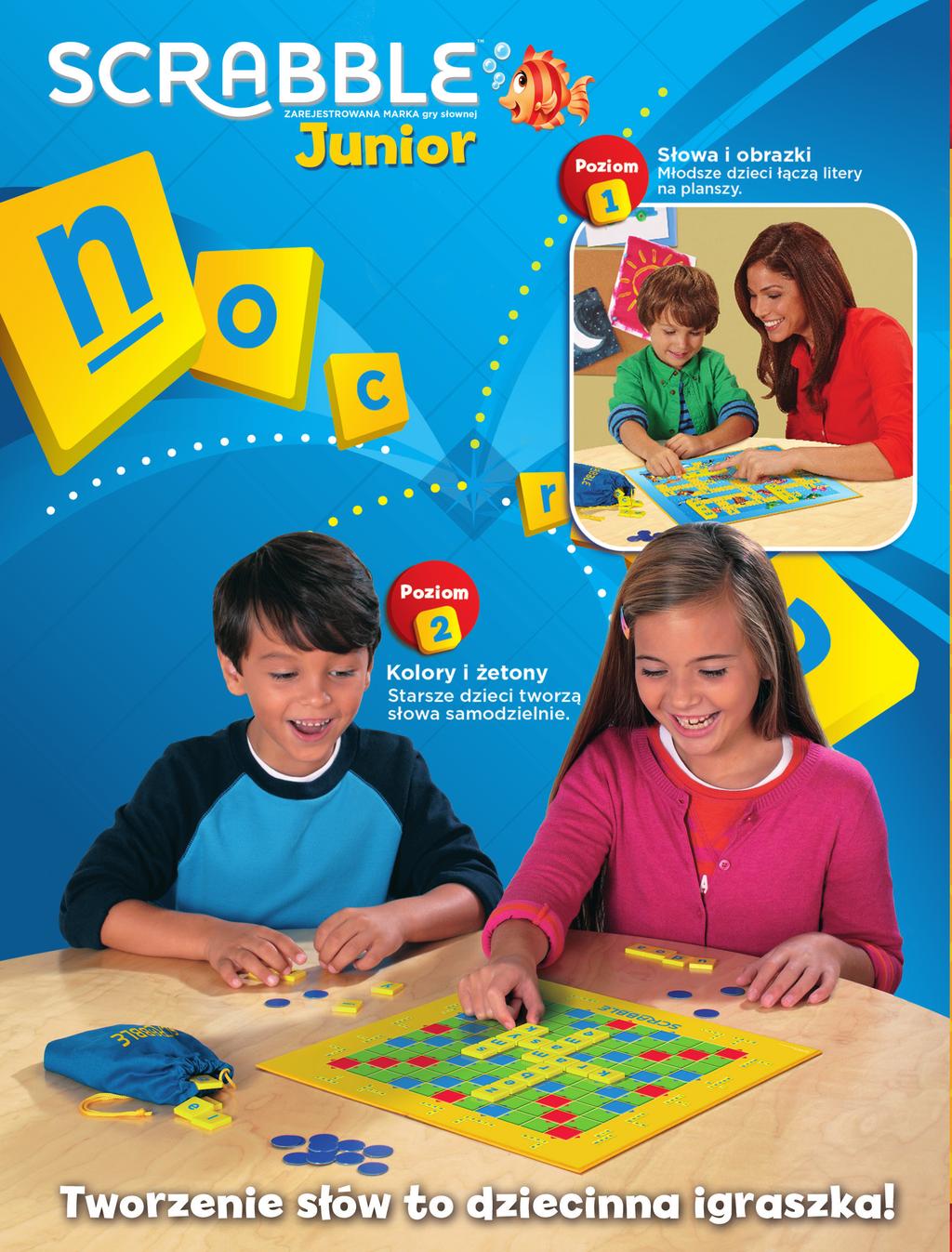 SCRABBLE JUNIOR Dwie wspaniałe gry słowne w jednej. 1) Słowa i obrazki: młodsze dzieci, bawiąc się, łączą litery na planszy, a obrazki pomagają wymyślać słowa.
