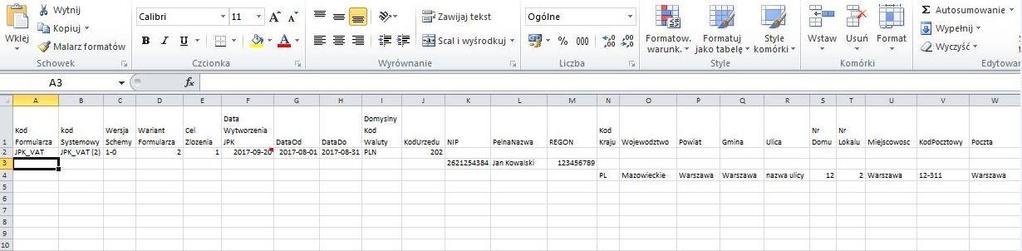 PRZYKŁAD: Dane nagłówkowe i adresowe według schemy 2 Cel Złożenia - 1- złożenie pliku JPK_VAT 2- korekta pliku JPK_VAT