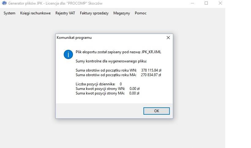Podana jest nazwa pliku pod jaką został zapisany: JPK_KR.XML oraz sumy kontrolne, aby łatwo zweryfikować poprawność.