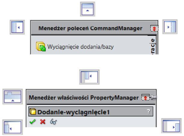 Rysunek 1.12. Zmiana poł ożenia Menedżera poleceń oraz Menedżera właściwości Wówczas drzewo operacji dostępne jest jako drzewo wysuwane w obszarze graficznym. Należy kliknąć przy nazwie pliku.