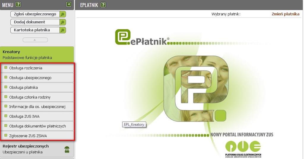 56 Usługi dostępne dla płatnika e-płatnik Kreatory obsługi ułatwiają wykonanie czynności należących do płatnika.