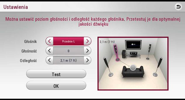 Ustawianie systemu 31 Ustawienia Aby uzyskać najlepszy dźwięk, użyj ekranu ustawiania głośników w celu określenia głośności podłączonych głośników i ich odległości od pozycji słuchacza.