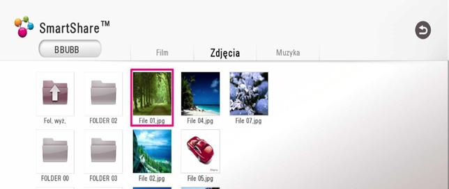 Obsługa 39 Odtwarzanie pliku z serwera sieciowego yui Ten odtwarzacz może odtwarzać pliki z filmami, muzyczne lub ze zdjęciami, znajdujące się na serwerze DLNA za pośrednictwem sieci domowej. 1.