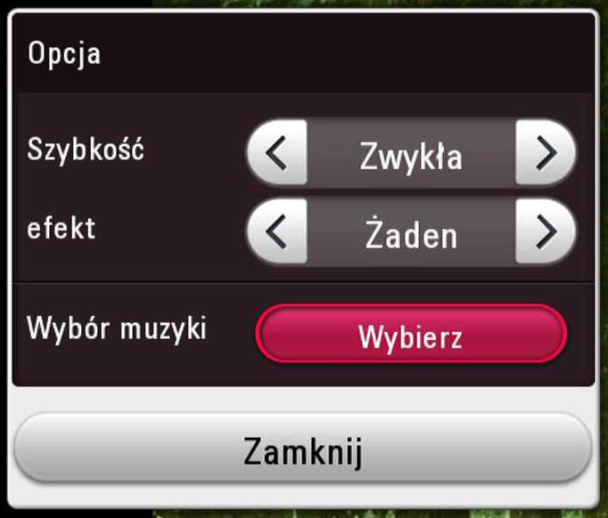 Ustawianie prędkości pokazu slajdów W trakcie wyświetlania zdjęcia na pełnym ekranie, możesz korzystać z różnych opcji. 1. Podczas przeglądania obrazów, naciśnij INFO/ MENU (m). 2.