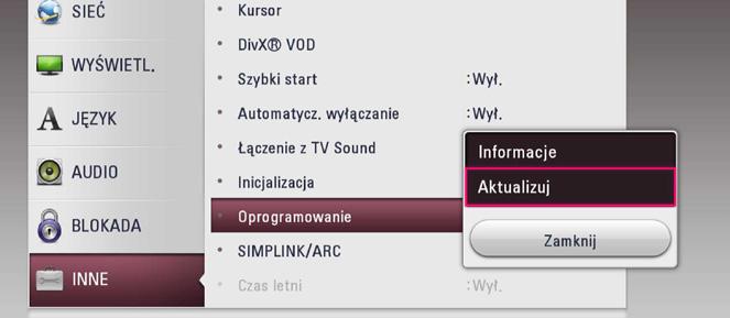 Opcja 1: 1. Gdy włączysz odtwarzacz na ekranie pojawi się menu aktualizacji. 2. Użyj przycisków A/D aby wybrać odpowiednią opcję i naciśnij ENTER (b). Ak. oprog.