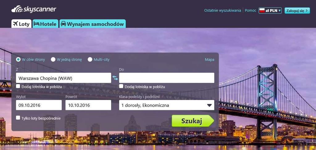 METAWYSZUKIWARKA Skyscanner to firma o globalnym zasięgu, która świadczy usługi natychmiastowego wyszukiwania informacji dla podróżujących (np.