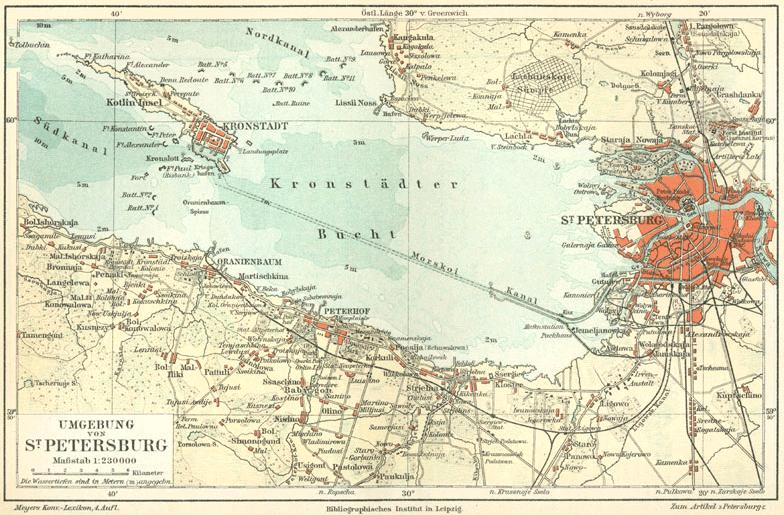 Mapa St.Petersburga i jego okolic. Źródło: Meyers Konversationslexikon, 1888 rok, tom, 14 str. 290a.