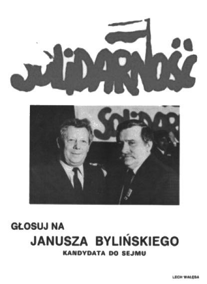 404 Adam Cherek Błędnie podpisany plakat, w rzeczywistości przy Lechu Wałęsie stoi Edmund Bilicki, 1989, zbiory (kopia cyfrowa): Europejskie Centrum Solidarności Plakat kandydata do Senatu Edmunda