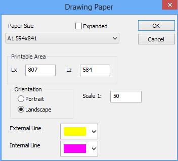 W oknie dialogowym należy wpisać opis, wybrać kolor, a następnie naciśnij przycisk OK. Papier rysunku: W tym oknie dialogowym zdefiniowane są parametry rysunku na papierze. a. Rozmiar papieru: Kliknij strzałkę w dół aby wybrać standardowy rozmiar papieru lub, Użytkownik.