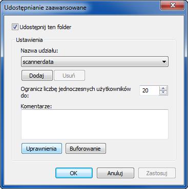 Podstawowa obsługa Zostanie wyświetlone okno dialogowe Właściwości. W systemie Windows XP kliknij prawym przyciskiem myszy folder scannerdata i wybierz polecenie Udostępnianie i zabezpieczenia.