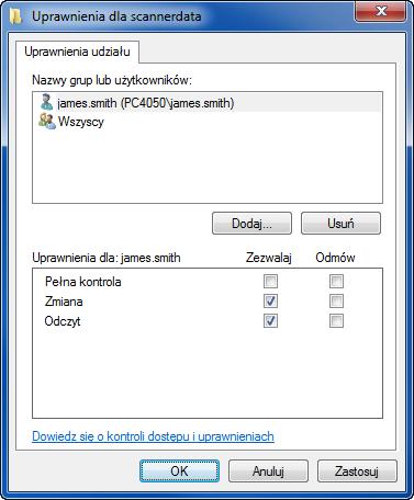 Podstawowa obsługa 6 Wybierz wprowadzonego użytkownika, zaznacz uprawnienia Zmiana i Odczyt i kliknij przycisk OK. W systemie Windows XP przejdź do kroku 8.