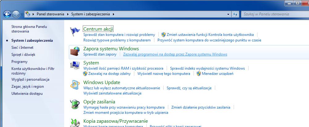 Podstawowa obsługa Konfiguracja Zapory systemu Windows (w systemie Windows 7) Konfiguracja uprawnień dotyczących udostępniania plików i drukarek oraz ustawienie portu