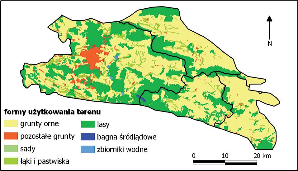 Próba oceny zróżnicowania nasilenia antropopresji w zlewniach 2. rzędu w Górach Świętokrzyskich Ryc. 2. Użytkowanie terenu w zlewniach 2. rzędu w Górach Świętokrzyskich (CORINE Land Cover 2006) Fig.